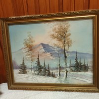 Téli hegyes táj jelz.akvarell üveg alatti eredeti keretében