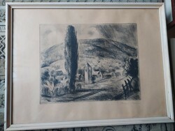 Iván solid - village flawless etching, glazed in original frame, signed, 47 x 36 cm