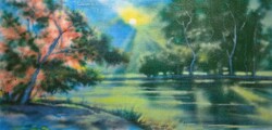 Naplemente a tavon (olaj, vászon, kerettel 102x52 cm) alkonyati tájkép