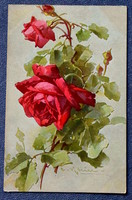 Antik Katharina Klein üdvözlő litho művész képeslap vörös rózsa