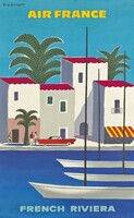 Vintage travel poster reprint french riviera air france mediterranean port beach small town