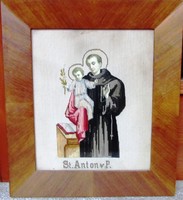 Régi apácamunka Szent Antal applikáció, gobelin és papír,  30 x  35 cm, 22 x 26,8 cm.