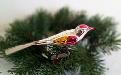 Régi üveg karácsonyfa dísz  csipeszes madár 13cm