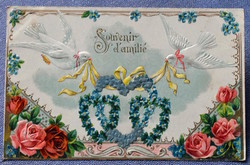 Antik dombornyomott üdvözlő litho képeslap galambok nefelejcs szívek rózsa