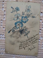Antik egyedi kézzel készített kék virágos képeslap, 1900 körüli
