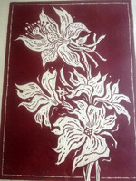 KÁDÁR : VIRÁGOK - Szines linómetszet keretben -- jelzett -34 x 25 cm