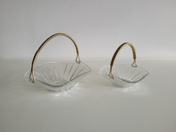 Old retro 2 pcs gold colored metal ears basket glass bowl glass snack basket mid century bowl
