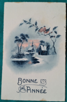 Antik karácsonyi képeslap1927, kismadár magyal ágon téli táj