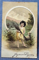 Antik dombornyomott Húsvéti üdvözlő litho képeslap  kisgyerek barkával bárány mező táj