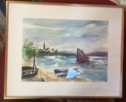 Hajós, vitorlás, csónakos tájkép, akvarell, német művész munkája 1982-ből, keretben