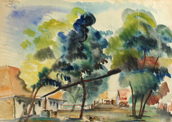 Litkey György (1907-1975) Kapuvár 1937 Akvarell 60x75cm Tájkép Falu Tanya