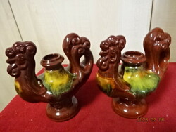 Lithuanian glazed ceramic candle holder, rooster shape, two pieces. Jokai.