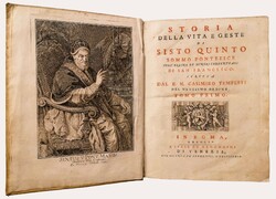 1754-es ritka kiadás V. Sixtus pápa életéről (bal oldali)