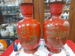 Alt Német,Germany Ferdinand Gerbing Witwe Bodenbach 1850-1899 Kínai Mintás Terrakotta Váza Pár.34 cm