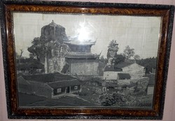 ANTIK  SELYEMSZÁLAS SZÖVÖTT PAGODÁS  KÉP keretben üveg alatt - 44 cm x 30 cm 