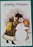 Régi karácsonyi képeslap, gyerekek hóember , Holly Hobbie amerikai illusztrátornő