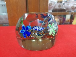 Old large monogrammed flower patterned glass paperweight, glass decoration.