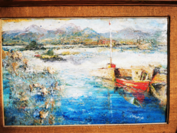 HALÁSZPART VITORLÁSSAL, OLAJFESTMÉNY, VÁRALJAI IMRE, 50x70 cm,
