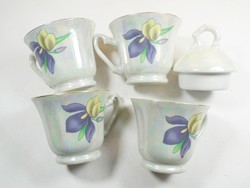 Retro old coffee and tea set, porcelain, 4 cups, 1 lid with flower pattern, sapir, German production