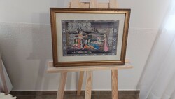 (K) beautiful oriental silk painting with frame 42x33 cm
