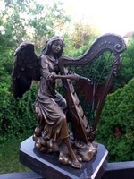 Angel playing the harp - bronze sculpture artwork