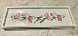 White decoupage wooden tray with pink tulip pattern