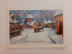 Régi karácsonyi képeslap levelezőlap lovasszán havas táj