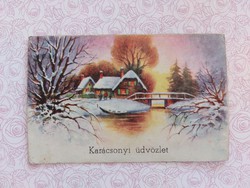 Régi karácsonyi képeslap levelezőlap havas tájkép