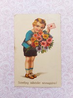 Régi képeslap levelezőlap kisfiú virággal