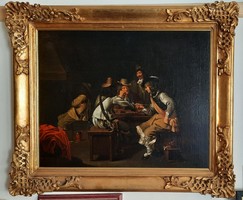 Antik 17. századi olajfestmény, Christie's aukcióján szerepelt! holland őrszoba jelenet, katonák