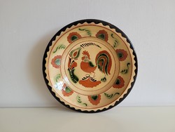 Old large 32 cm glazed folk motif rooster wall plate with rooster pattern wall bowl, wall decoration