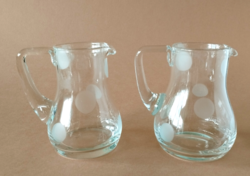 2 old huta glass small jugs, spouts with an etched dotted pattern