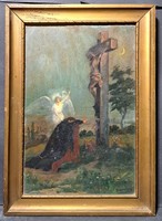 Old sacred oil painting - Jesus on the cross - size with frame 47x33.5 cm