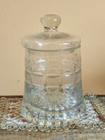 Csiszolt fedeles ólom üveg tároló hibátlan antik konyhai kiegészítő