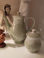 Dprk North Korean retro marked green twisted trickle glazed porcelain teapot and sugar bowl