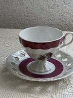 Gyönyörű gyűjtői lüszter mázas jelenetes teás csésze áttört szélű kistányérral