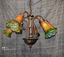 MOLECZ NAGY AKCIÓBAN! Szecessziós jelzett eredeti Orion Leuchten 6 égős csillár színes üveg búrákkal