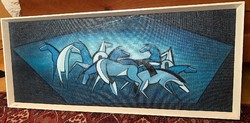 Blue horses, oil - wood fiber with 103x43 frame