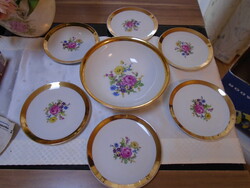 Szép régi Bohemia rózsamintás kézi festésű porcelán kínálótál 6 db tányérral