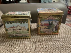 Musical biscuit tins from Nuremberg, flawlessly shiny inside. 12.5X 11.5 x 8.5 cm.