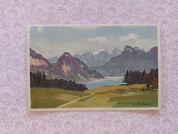 Régi képeslap művészeti levelezőlap tájkép tó hegyek