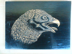 Régi, egyedi, vésővel faragott, vésett  fa kép 22,8 cm x 16,5 cm