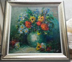 MURÁNYI IMRE VIRÁGCSENDÉLET - OLAJFESTMÉNY  KERETBEN  23 x 23 - Art&Decoration