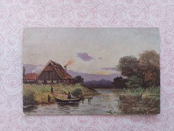 Régi képeslap művészeti levelezőlap tájkép tó csónak
