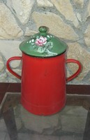 Old enameled lidded red fat can on can jug 18cm