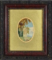 1M026 framed castle garden needlework tapestry 26 x 22.5 Cm