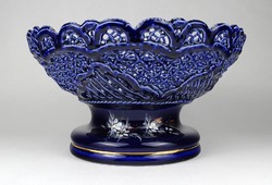 1M028 Jelzett nagyméretű kék áttört porcelán kínáló talpas kosár asztalközép kínáló tál 22.5 cm