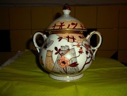 Antik tradicionális japán mintával  kézzel festett porcelán nagy méretű cukortartó
