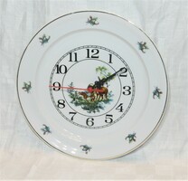 Vadászjelenetes Hollóházi porcelán falióra - 26 cm