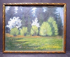 Serene landscape, park detail - oil painting (size with frame 32x25 cm)